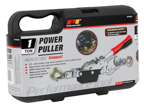 Beefy Compact Power Puller 1 Ton Winch with 6 ft Aircraft Cable, removable handle, and carrying case for easy storage and portability
