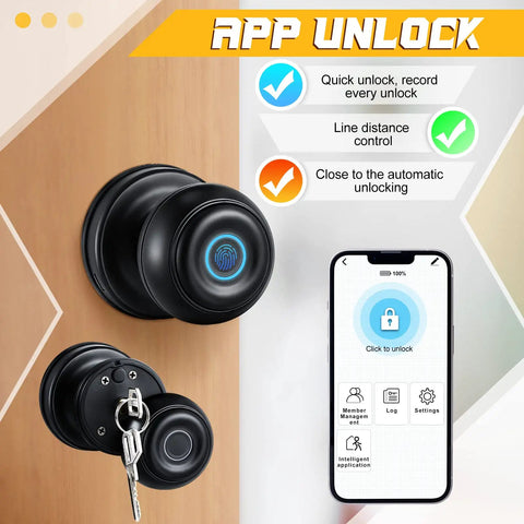Smart Fingerprint Keyless Entry Door Lock With App Control For Home Hotel Office Apartment And Bedroom Black Two Pack Biometric Door Lock With 3 Unlock Methods Fingerprint App And Key Safe And Easy To Use showing app interface and door knob