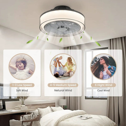 Bladeless Ceiling Fan With Light And Remote 16 Inch Low Profile Flush Mount Dimmable Smart Ceiling Fan in bedroom