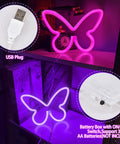 Three Piece Butterfly Neon Signs Set For Bedroom Decor Dope Battery Powered LED Neon Lights with USB plug and battery box on shelf.