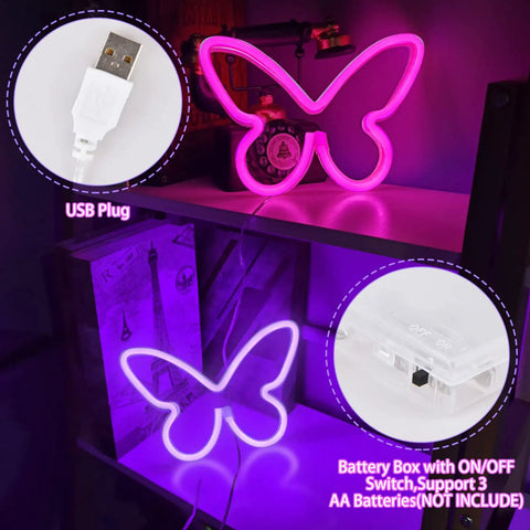 Three Piece Butterfly Neon Signs Set For Bedroom Decor Dope Battery Powered LED Neon Lights with USB plug and battery box on shelf.