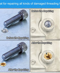 Brass threaded repair insert nut set, 8 pcs, M6xM4x20mm; collage shows before and after repair with installed sleeve.