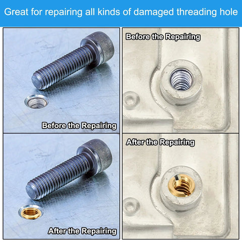 Brass threaded repair insert nut set, 8 pcs, M6xM4x20mm; collage shows before and after repair with installed sleeve.