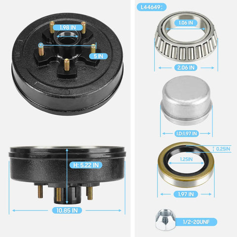Electric Brake Kit For Trailer Axles Pair With 5 On 5 Bolt Circle Drums, 10 Inch By Two And One Quarter Inch Manual Adjusting Brakes