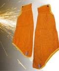 Heavy Duty Leather Flame Sleeves For Welders And Mechanics Badass Heat Resistant Arm Guards in orange color with fire sparks background.