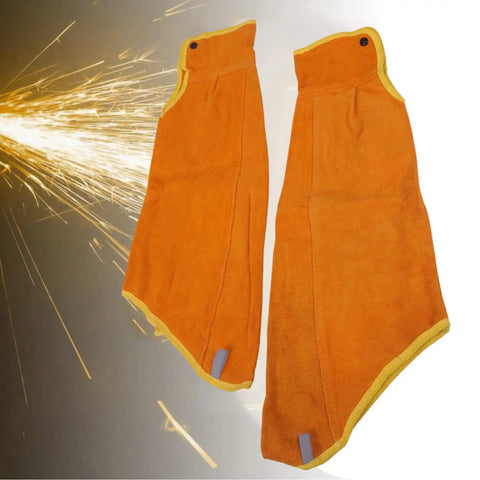 Heavy Duty Leather Flame Sleeves For Welders And Mechanics Badass Heat Resistant Arm Guards in orange color with fire sparks background.