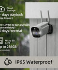 2K Wireless Outdoor Security Cameras with Spotlight Battery Powered WiFi Surveillance Color Night Vision Two Way Audio Alexa Compatible Pack of 2 Crazy Long Battery Life Up To A Year mounted on wall, showing waterproof design.