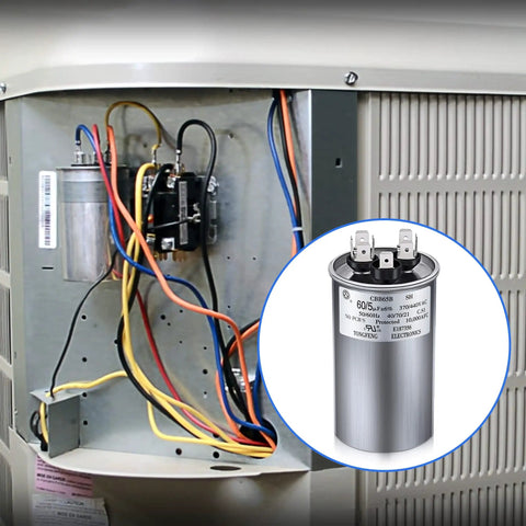 Close-up view of 60/5 MFD Run Capacitor For AC Motors And HVAC Systems 370 To 440V CBB65 Direct Replacement in HVAC setup