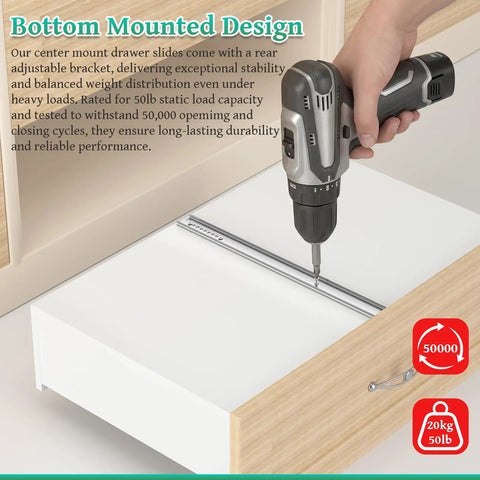 Heavy Duty 14 Inch Drawer Slides Set, Six Pack Center Mount, Bottom Mount And Undermount Options, Three Quarter Extension Rails For Dresser Cabinet And Furniture Upgrade installed on drawer bottom with drill