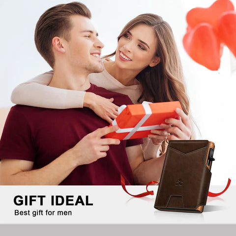 Couple exchanging gift with Slim Pop Up Card Holder Wallet For Men With RFID Blocking Aluminum Build displayed on the side