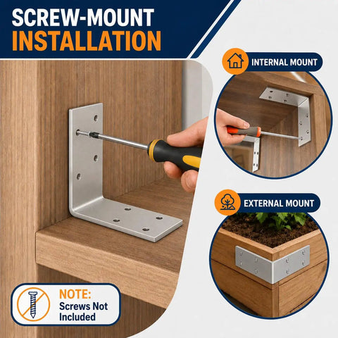 Screw-mount installation of Heavy Duty 3X3 Inch L Brackets Galvanized Steel Corner Braces for wood framing.