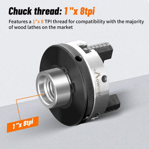Top Shelf Three Inch Three Jaw Self Centering Wood Lathe Chuck Featuring Reversible Stepped Jaws That Bite Hard And Seat Straight Over One Inch Eight Tpi Spindles Built Tough showing 1" x 8tpi thread detail.