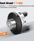 Premium Heavy Duty Three Inch Wood Lathe Chuck Featuring Reversible Jaws And Dual Arbors For One By Eight Tpi Spindles displaying 1"x 8tpi thread for compatibility.