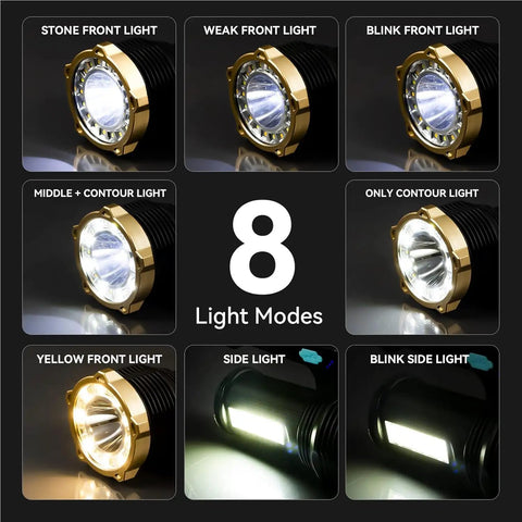 Beast Mode Ultra Bright USB Rechargeable LED Flashlight With 8 Modes Side Light And Hooks 10000 Lumens light modes displayed