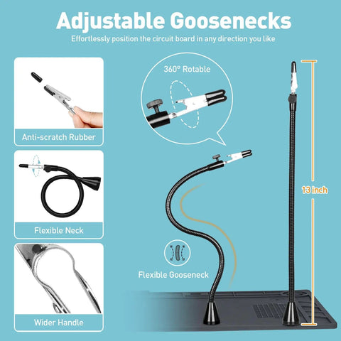 Flexible gooseneck for soldering station with anti-scratch rubber and 360-degree rotation, 13-inch height, and adjustable design.
