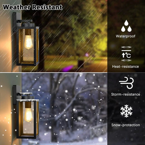 Weatherproof Outdoor Wall Light Fixtures 2 Pack Modern Matte Black Sconces With Glass Shades E26 Sockets in rain and snow.