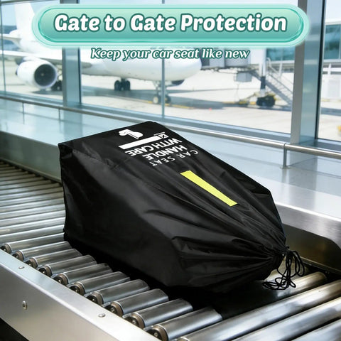 Flight Ready Car Seat Travel Bag fits all car seats, black durable cover protecting car seat on airport conveyor belt.