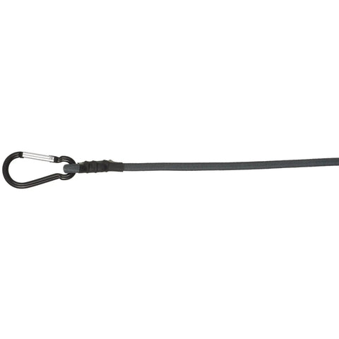 Single bungee cord with carabiner hook, black, part of 48 Inch Carabiner Bungee Cord Two Pack With UV Weather Resistant Fluorescent Yellow Jacket.