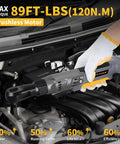 Hand using 120Nm Cordless Ratchet Wrench With Brushless Motor in an engine bay, showing power and efficiency features.