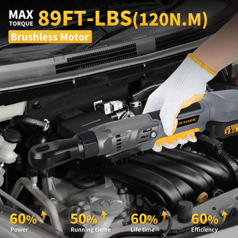 Hand using 120Nm Cordless Ratchet Wrench With Brushless Motor in an engine bay, showing power and efficiency features.