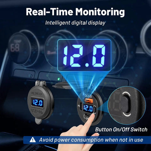 78W Triple Port Car Charger With Dual PD USB Fast Charging No Sweat Design featuring real-time voltage meter display.