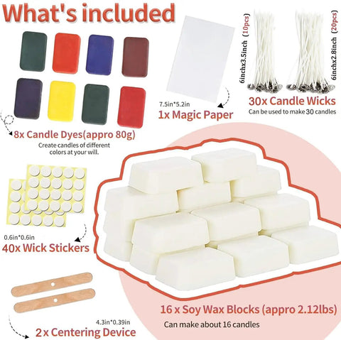 All In One Candle Making Kit For Beginners with 2.12 Lb Soy Wax, dyes, wicks, stickers, magic paper, and centering devices shown.