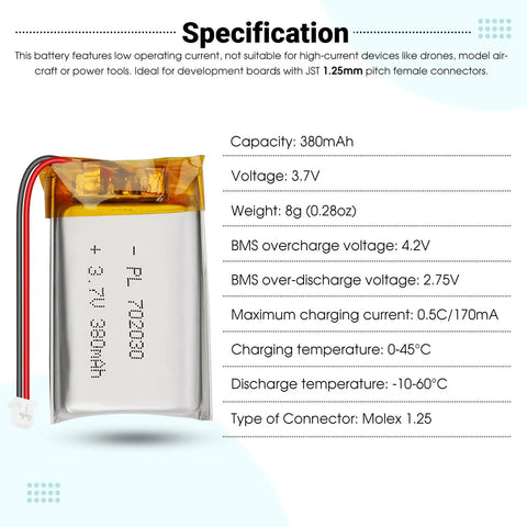 Pocket Friendly 3.7V 380mAh LiPo Battery Pack With PCM Protection, shown with specifications and white connector