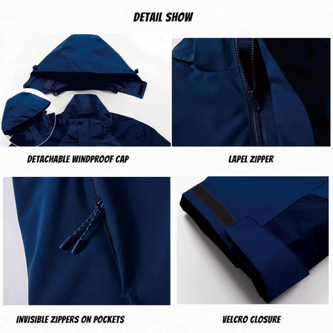 Custom Women’s 3-In-1 Ski Jacket for Outdoor Adventures with detachable windproof cap, lapel zipper, XL size.