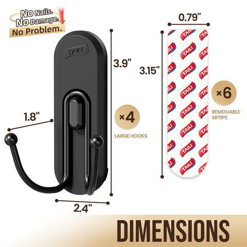Adhesive Double Hooks For Hanging With Four Coat Hooks And Six Strips No Tools Required Removable Large Wall Hanger dimensions