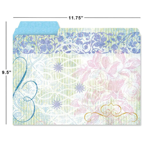 Floral Fun File Folders Bulk Pack Of 24 With Six Decorative Designs, 1/3 Cut Tabs, Heavy-Duty Stock For Home Office Organization, Colorful Office Supplies, 9-1/2 By 11-3/4 Inch Letter Size showing a floral pattern with measurements.