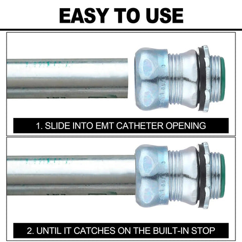 Kickass 10 Pack 1/2 Inch EMT Raintight Compression Connectors shown sliding into EMT cath tube for easy setup.