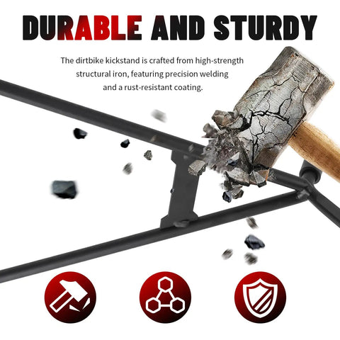 Heavy Duty Rear Motorcycle Kickstand Stable Parking Stand For Dirt Bikes And Motorcycles Universal Fit Mounts demonstration of durability with hammer.