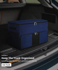 Ultimate Golf Trunk Organizer For Gear, Shoes And Accessories For Men And Golfers in a car trunk, blue 1200D polyester storage bag.