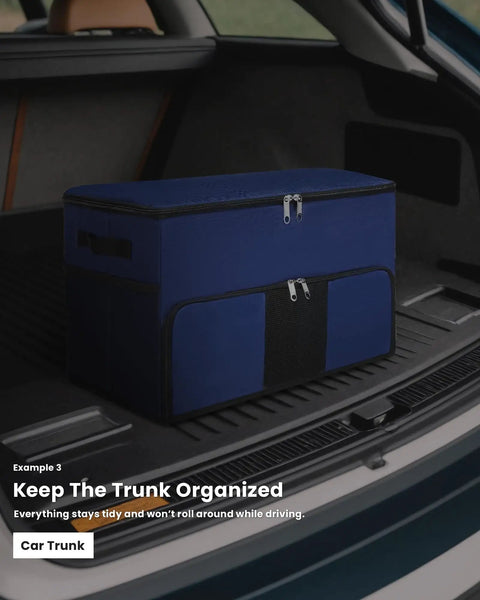 Ultimate Golf Trunk Organizer For Gear, Shoes And Accessories For Men And Golfers in a car trunk, blue 1200D polyester storage bag.