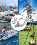Collage featuring Ten Piece M6 Eye Bolts With Nuts Stainless Steel Lifting Eyebolts and their uses in marine, rigging, hoisting, and industrial projects.