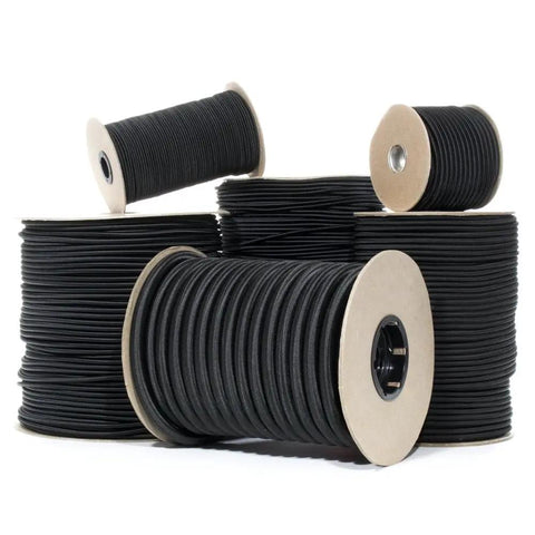 Spools of Shock Cord Elastic Bungee Nylon For DIY And Outdoors In Black, Available In Diameters From One Half Inch To Two Point Five Millimeters, Durable Stretch Cord visible