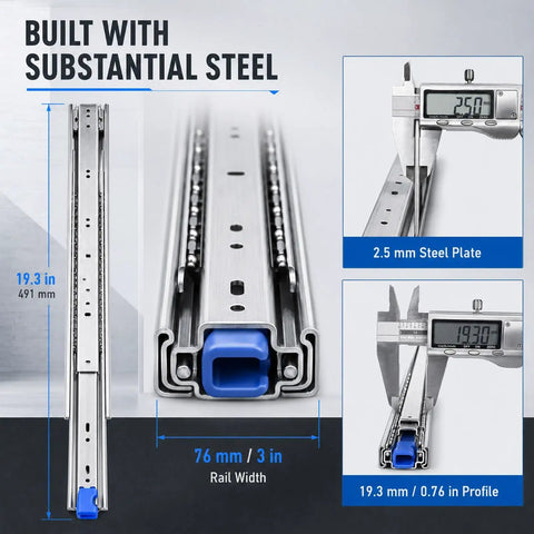 Beefy Full Extension Heavy Duty Drawer Slides With Ball Bearings, Quiet Smooth Glide, Side Mount Rails For Cabinets And Tool Chests, High Capacity Load, Rust Resistant Steel, Easy Install, 3 Fold Extension; 19.3 in, 2.5 mm steel