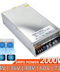 Beefy 2000W Industrial DC Switching Power Supply With Variable Output From 12V To 72V, 150A At 12V, 83A At 24V, 55A At 36V, 41A At 48V, 33A At 60V, 72V Adjustable, 185 To 240V AC Input, Rugged Heavy Duty Industrial Grade, silver metal housing with cooling fans
