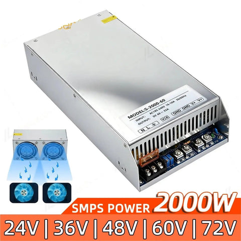 Beefy 2000W Industrial DC Switching Power Supply With Adjustable 12 To 72V Output, High Current 150A At 12V, 83A At 24V, 55A At 36V, 41A At 48V, 33A At 60V, AC 185 To 240V Input, Heavy Duty Industrial Grade Power Converter. silver metal power supply with dual fans