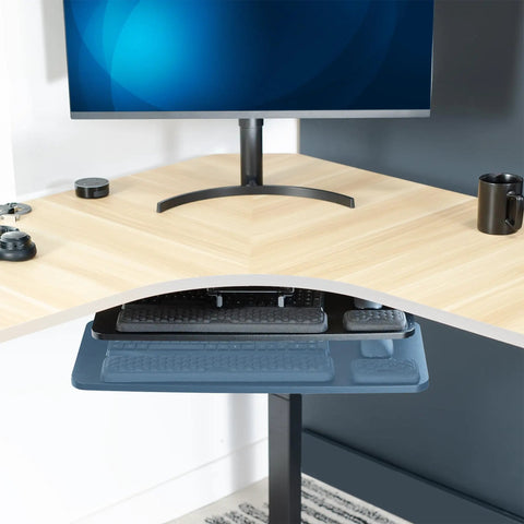 Smooth Gliding Under Desk Keyboard And Mouse Tray With Plush Foam Padding For Home Office Ergonomic Workstation Setup Adjustable Height and Easy Install. Solid construction view with keyboard and mouse tray.
