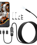 Endoscope Camera With Light 1920P HD Borescope Inspection Tool, 8 Adjustable LEDs, IP67 Waterproof Semi-Rigid Cable, Plug In USB Type C, Lightning, Micro USB For Android, iPhone, And iPad, with phone display and cable