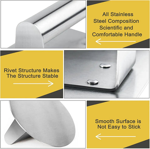 Stainless Steel Burger Press Round 6.2 Inch Smasher For Flat Top Griddles And Grills details of handle, rivets, and surface finish