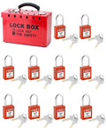 Lockout Tagout Box Kit With 10 Keyed LOTO Locks, Portable 12 Slot Group Lock Box In Red, features padlocks and keys