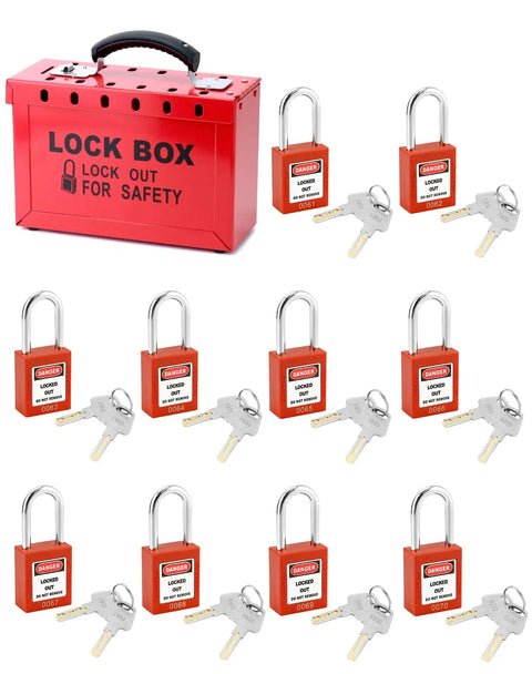 Lockout Tagout Box Kit With 10 Keyed LOTO Locks, Portable 12 Slot Group Lock Box In Red, features padlocks and keys