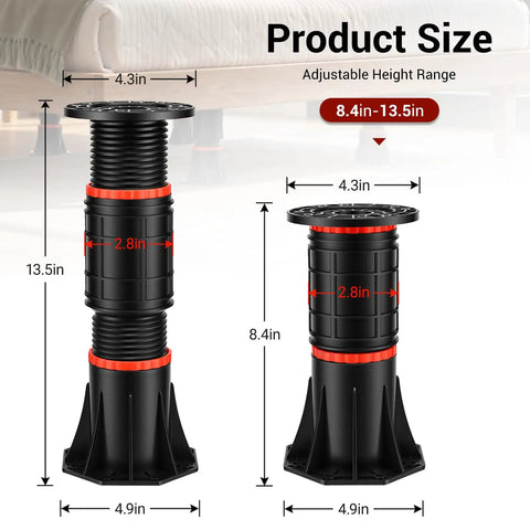 Heavy Duty Adjustable Bed Support Legs 4 Pack 8.4 To 13.5 Inches Holds 4400 Pounds Each showing size details and adjustable features.