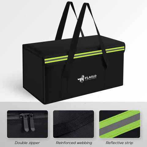 Heavy Duty Fireproof Lithium Battery Safe For 200 Ah E Bike Packs With Rock Solid Heat Shield And Waterproof Cover in black with double zipper and reinforced webbing.