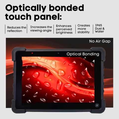 Straight-Up Rugged 10.1 Inch Industrial PC Tablet With IP65 Waterproof Touchscreen showcasing optically bonded display with water droplets.