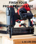 Pro Grade 18 Gauge Pneumatic Brad Nailer And Air Powered 2 In 1 Staple Gun Kit held by gloved hand above wood.