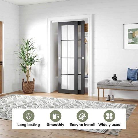 Bypass Double Sliding Pocket Door Hardware Kit 4ft Aluminum Track For 2 Door System installed in living room setting
