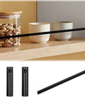 Custom Length Silver Metal Guard Rail Fence With Rock Solid Railing Spindles And Anti Fall Safety Bar For Decks Balconies Stairs, black railing on wooden shelf with jars and cups.